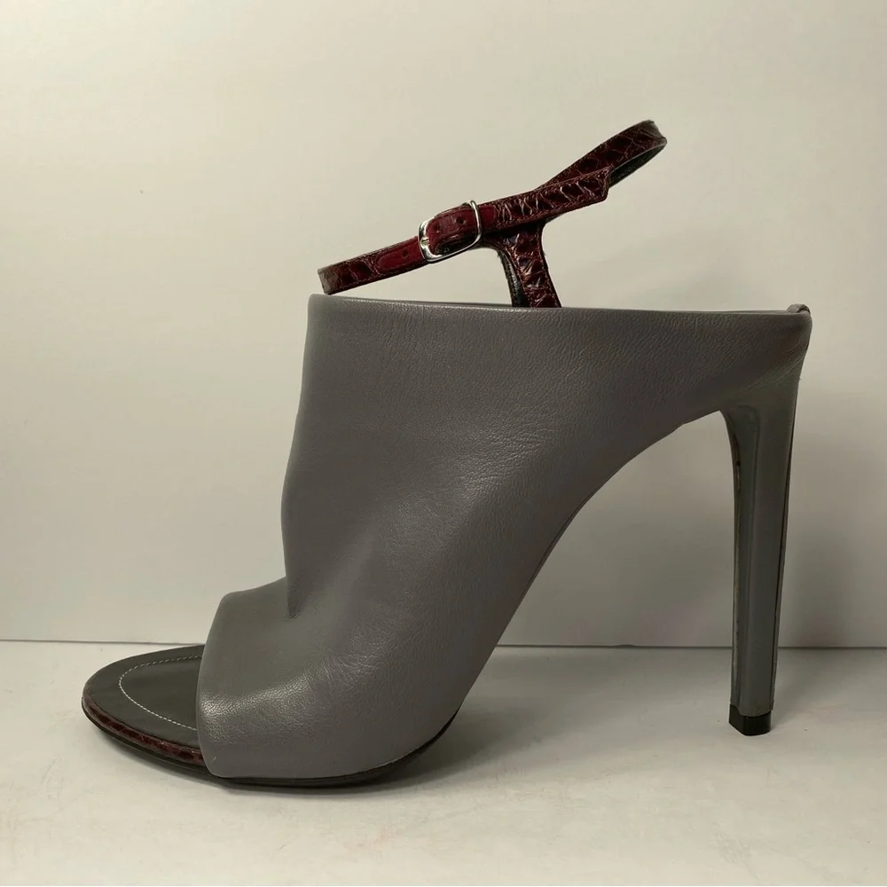 Balenciaga open toe mules sandals heels leather grey burgundy 36.5 - Picture 2 of 10
